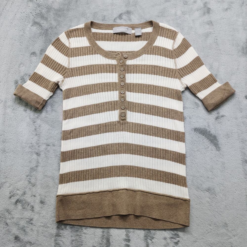 Vintage Y2K Liz Claiborne Sweater Womens M Petite Brown White Striped Scoop Neck